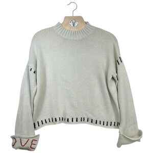 AQUA Bloomingdale's Chunky Knit Sweater Cream "LOVE" Cuff Boxy Cropped S
